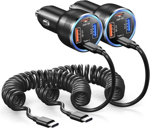65W Super Fast Type C Car Charger for Samsung Galaxy S26 S25 S24 S23 Ultra | 2Pack 4-Port USB C Car Charger for Samsung A13 A14 A16 A17 A03S A06 S22 S21 S20FE Android Car Adapter+5FT Type C Coiled Cable in Saudi Arabia