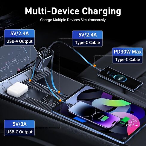 Retractable Car Charger, Car Phone Charger with Cables Fast Charging, USB C Car Charger Adapter for iPhone 17 16 15 14 13 12, Samsung in Saudi Arabia