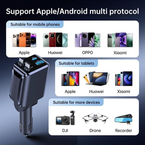 Retractable Car Charger, Car Phone Charger with Cables Fast Charging, USB C Car Charger Adapter for iPhone 17 16 15 14 13 12, Samsung in Saudi Arabia