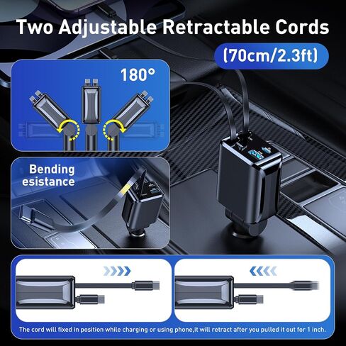 Retractable Car Charger, Car Phone Charger with Cables Fast Charging, USB C Car Charger Adapter for iPhone 17 16 15 14 13 12, Samsung in Saudi Arabia