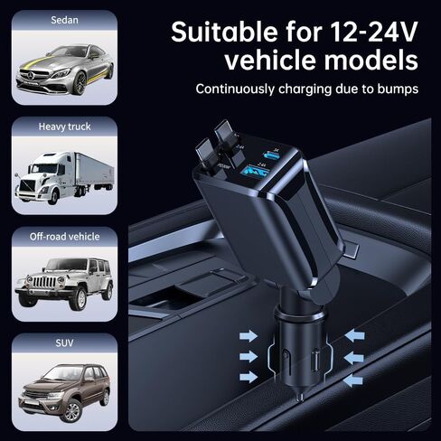 Retractable Car Charger, Car Phone Charger with Cables Fast Charging, USB C Car Charger Adapter for iPhone 17 16 15 14 13 12, Samsung in Saudi Arabia