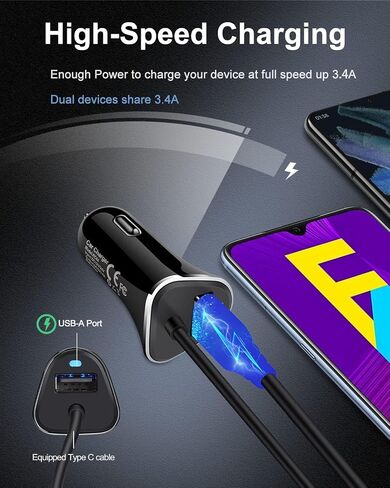 USB-C Car Charger, 3.4A USB Type C Car Charger Adapter & Fast Charge Cable | C Cord Cargador USBC Lighter for Samsung Galaxy S26 S25 S24 S23 S22 A17 iPhone 17e 17 16e 16 15 Pro Max Android Cigarette 12V in Saudi Arabia