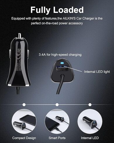 USB-C Car Charger, 3.4A USB Type C Car Charger Adapter & Fast Charge Cable | C Cord Cargador USBC Lighter for Samsung Galaxy S26 S25 S24 S23 S22 A17 iPhone 17e 17 16e 16 15 Pro Max Android Cigarette 12V in Saudi Arabia