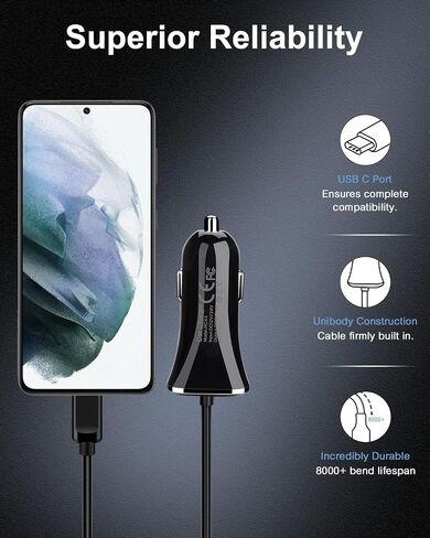 USB-C Car Charger, 3.4A USB Type C Car Charger Adapter & Fast Charge Cable | C Cord Cargador USBC Lighter for Samsung Galaxy S26 S25 S24 S23 S22 A17 iPhone 17e 17 16e 16 15 Pro Max Android Cigarette 12V in Saudi Arabia
