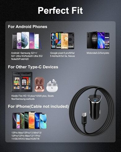 USB-C Car Charger, 3.4A USB Type C Car Charger Adapter & Fast Charge Cable | C Cord Cargador USBC Lighter for Samsung Galaxy S26 S25 S24 S23 S22 A17 iPhone 17e 17 16e 16 15 Pro Max Android Cigarette 12V in Saudi Arabia