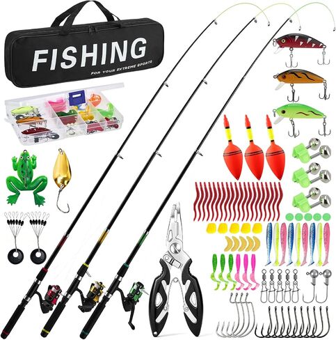 Fishing Pole Kit, 3PCS Telescopic Fishing Rod and Reel Combo with Spinning Reel, Line, Bionic Bait, Hooks and Carrier Bag for Saltwater and Freshwater Fishing, Gifts for Men Beginner Junior Anglers in Saudi Arabia