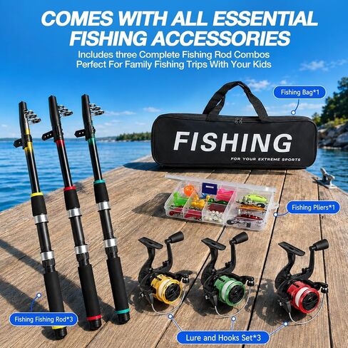 Fishing Pole Kit, 3PCS Telescopic Fishing Rod and Reel Combo with Spinning Reel, Line, Bionic Bait, Hooks and Carrier Bag for Saltwater and Freshwater Fishing, Gifts for Men Beginner Junior Anglers in Saudi Arabia