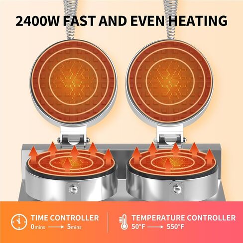 HTTSICHI Waffle Maker - Commercial Waffle Iron w/Two Non-stick 7 in Baking Pans, 550 ℉ Temperature and Timers, 2400W Dual Waffle Machine for Double Baking, Stainless Steel Waffle Maker for Restaurant in Saudi Arabia