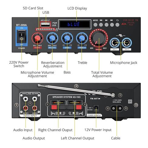 PROZOR 800W Bluetooth 5.0 Stereo Audio Amplifier, 2 Channel Home Audio Receiver with FM Radio, USB, SD/TF Card, AUX, Dual Mic Inputs, HiFi Power Amplifier for Passive Speakers, Home Theater, Car Audio | with FM Radio, USB, SD/TF Card, AUX, Dual Mic Inputs in Saudi Arabia