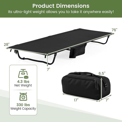 Goplus Folding Camping Cot, 76" x 28" Ultralight Portable Sleeping Cot w/Carrying Bag & Side Pocket, Heavy Duty Outdoor Camping Bed for Adults Travel, Hiking, Lightweight Backpacking, Supports 330 LBS in Saudi Arabia
