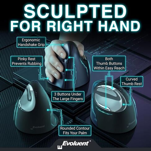 Evoluent – Inventor of the Vertical Mouse – VM4RW Ergonomic Vertical Mouse Right Hand Regular Size Wireless USB, Sculpted for Comfort, Reduces Wrist Strain, 4 Speeds, 6 Customizable Buttons in Windows | VM4RW Ergonomic Vertical Mouse Right Hand Regular Si in Kuwait