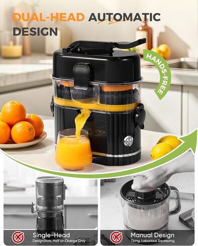 Dual-Head Electric Orange Juicer, Built-in Cutter Citrus Juicer Squeezer with Power Cord & Cleaning Brush, One-Touch Automatic Electric Juicer Machine for Orange, Lemon and Grapefruit, Black in Saudi Arabia