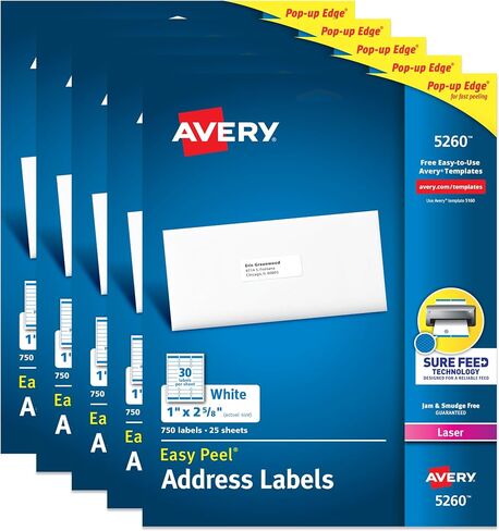 Avery Easy Peel Printable Address Labels with Sure Feed, 1" x 2-5/8" Customizable Stickers, White, 3,000 Blank Mailing Labels, Great for Mailing, Shipping, and More (5160) in Kuwait