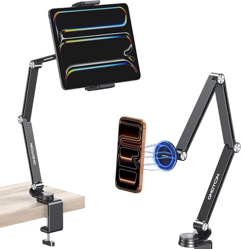 OMOTON GH03 Tablet Holder with 2 ABS Clamps, Aluminum Long Arm Mount, Black | C-Clamp Base with 360°Rotation Fits Desk, Bed, Side Cabinet, Kitchen, Adjustable Tablet Stand for 4-13" iPad Pro/iPhone in Kuwait
