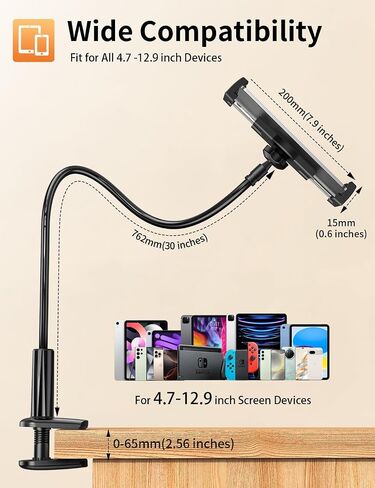 Gooseneck Tablet Holder for Bed, Adjustable ipad Stand with Long Arm | 360° Adjustable, Hands Free Tablet Mount Clip, Compatible with iPad/Mini/Galaxy Tabs/Kindle/Switch or More 4.7-12.9" Devices in Saudi Arabia