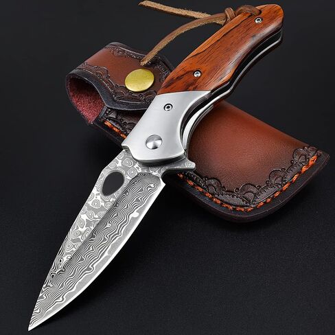 KOMWERO Damascus Pocket Knife for Men, Damascus Steel Folding Knife DMYYM | VG10 Core, Rosewood Handle, Ball Bearing, Thumb Hole, Liner Lock, Sheath, Gift for EDC, Camping, Outdoor, Survival & Hunting in Kuwait