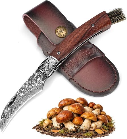 DRACHENADER Mushroom Knife with Brush, Folding Foraging Knife | with VG10 Damascus Steel Blade, Curved Blade Mushroom Harvesting Knives with Leather Sheath for Camping in Kuwait