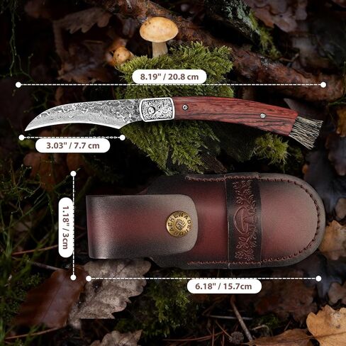 DRACHENADER Mushroom Knife with Brush, Folding Foraging Knife | with VG10 Damascus Steel Blade, Curved Blade Mushroom Harvesting Knives with Leather Sheath for Camping in Kuwait