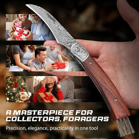 DRACHENADER Mushroom Knife with Brush, Folding Foraging Knife | with VG10 Damascus Steel Blade, Curved Blade Mushroom Harvesting Knives with Leather Sheath for Camping in Kuwait