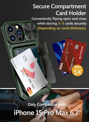 Vihibii for iPhone 15 Pro Max Case Wallet with Card Holder (4 Cards), Black | Slide Camera Cover, Kickstand, Military Grade Drop Protection, Rugged Hard Back, Silicone Edge Wallet Phone Case, 2023, Black in Saudi Arabia