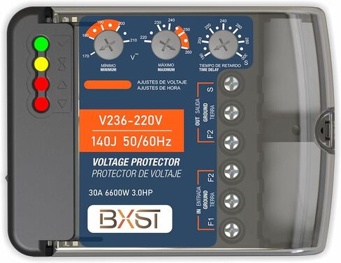 BXST حامي عرام الأسلاك الثقيلة مع شاشة LED الجهد القابل للتعديل وحماية التأخير، 220 فولت، 30 أمبير، 6600 واط كحد أقصى، حماية من زيادة التيار 140J للثلاجات وتكييف الهواء والمحركات والمضخات in Kuwait