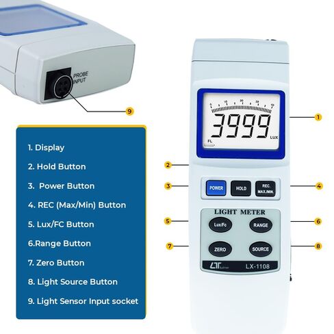 Digital Lux Meter (Range: 0 to 4,00,000 Lux) for Auditoriums | Illumination Meter | Industrial Light Meter | Alongwith Factory Calibration Certificate Model: LX-1108 by Instrukart in Saudi Arabia