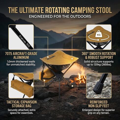 Swivel Camping Stool, 265 lb, 7075 Aluminum Alloy, 1000D Oxford | 7075 aluminum frame, 1000D Oxford seat, 265 lb capacity, and a 1.2 lb portable build for compact outdoor seating and travel. in Saudi Arabia