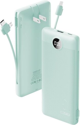 VRURC Portable Charger Built-in Cables and AC Wall Plug, USB C Power Bank 10000mAh, Travel Battery Portable Phone Charger Compact Lightweight External Battery Pack for Smart Phones, Tablets etc-Green in Saudi Arabia