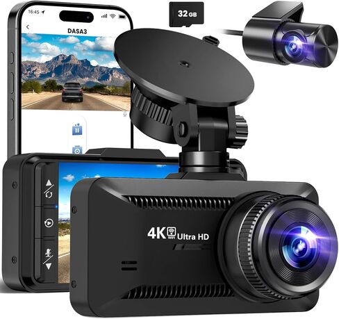 Dash Cam Front Rear 4K/1080P, Dash Camera for Cars Build in WiFi, Full HD Dash Cam with APP Control, 3.94‘’ IPS Screen Dash Camera with 32GB SD Card, G-Sensor, WDR, 24Hr Parking Mote, Loop Recording in Saudi Arabia