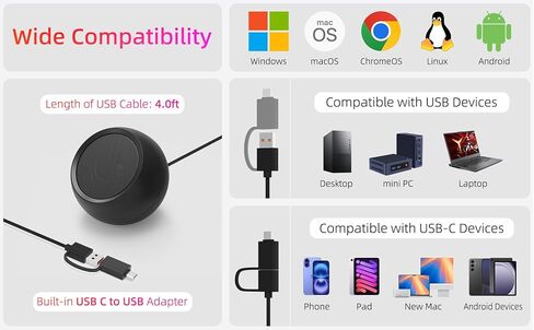 [Single] Computer Speaker for Desktop PC, USB-Powered, Plug-n-Play, Wired, External Speaker for Laptop, with Crystal-Clear Sound, Loud Volume, Rich Bass, Built-in USB-C Adapter for Full Compatibility in Saudi Arabia