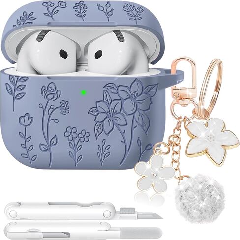 Ekoonpft for AirPods Pro 3 Case Pink, Flower Engraved Soft Silicone Case | with Cleaner & Foral Charm Keychain, Cute Girly Stylish Women iPods Pro 3 Accessories - Shockproof, Scratch & Dust Resistant in Kuwait