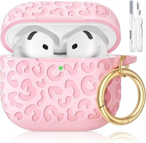 for AirPods 4 Case Cover 2024 with Leopard Engraved,Pink | Support Wireless Charging, with Gold Keychain & Cleaner Kit,One-Piece Design, Soft Silicone Cute Protector for Women Girly in Saudi Arabia