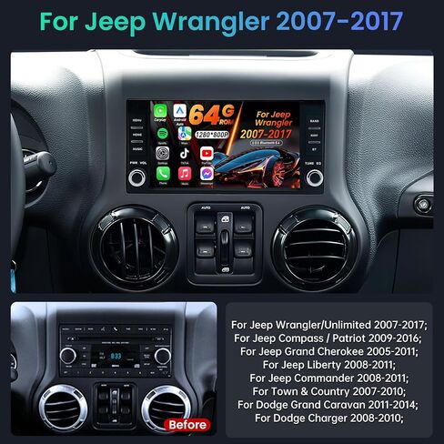 Jingelsye 4G+64G Car Radio for Jeep Wrangler JK 2007-2017: 7" Touch Screen Stereo with Wireless CarPlay Android Auto, Android 15.0, 5GHz WiFi Bluetooth GPS Navigation FM 32EQ SWC with Backup Camera in Kuwait
