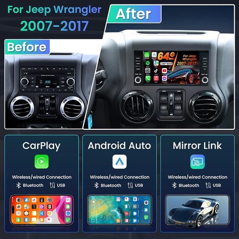 Jingelsye 4G+64G Car Radio for Jeep Wrangler JK 2007-2017: 7" Touch Screen Stereo with Wireless CarPlay Android Auto, Android 15.0, 5GHz WiFi Bluetooth GPS Navigation FM 32EQ SWC with Backup Camera in Kuwait
