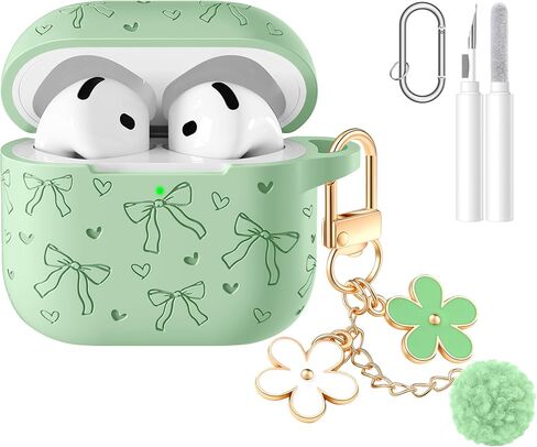 for AirPods 4 Case, Engraved Butterfly & Heart Silicone Protective Cover with Flower Charm Keychain, Carabiner and Cleaning Kit, Cute Case for Women Girls-Lightpink in Saudi Arabia