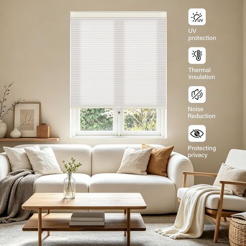 SUNOFF Cordless No Drill Light Filter Cellular Shades, 24" W x 48" H, Linen | Honeycomb Blinds for Indoor Windows, Free-Stop Pleated Blinds for Home, Thermal Insulating & Noise Reducing in Saudi Arabia