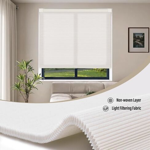 SUNOFF Cordless No Drill Light Filter Cellular Shades, 24" W x 48" H, Linen | Honeycomb Blinds for Indoor Windows, Free-Stop Pleated Blinds for Home, Thermal Insulating & Noise Reducing in Saudi Arabia