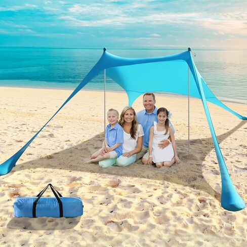 Beach Tent Sun Shelter - 10 x 10 Ft Beach Canopy UPF50+ UV Protection Tent | Premium Elastic Lycra Blend Fabric, Reinforced Corners, Aluminum Poles, Sandbags, Ground Pegs & Wind Ropes Included in Saudi Arabia
