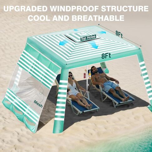 Rhino Valley Beach Cabana, 8 * 8FT Beach Tent UPF50+ Protection, Easy Setup Beach Canopy Wind Resistant with Cup Holder, Compact Beach Shade Foldable Beach Tent Sun Shelter, Green White in Saudi Arabia