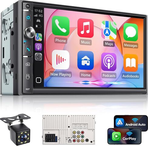 7" Double Din Car Stereo with Wireless Apple CarPlay & Android Auto, Bluetooth, 240W Output, SWC, Dual Subwoofer Support, Mirror Link, FM/AM Radio Receiver, USB-C/AUX/TF Ports,Backup Camera in Saudi Arabia