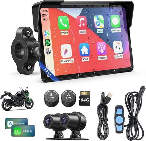 WonVon Motorcycle CarPlay Screen with Android Auto – 7" Waterproof GPS, Pantalla para Moto, Apple CarPlay, Navigation System for Motorcycle, Dual 4K Dash Cam Bluetooth Audio, BSD & TPMS in Saudi Arabia