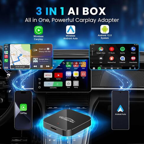 3-in-1 Magic Video Box—Wireless CarPlay & Android Auto Adapter Support Netflix,YouTube,TikTok,TF Card,Wired-to-Wireless Conversion, No Latency Car Play AI Box for Cars from 2016 & IOS10+/ Android 11+ in Saudi Arabia