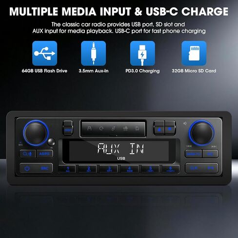 Retro Bluetooth Car Radio System: Single Din European Look Stereo for Classic Vehicles - LCD Display AM FM USB SD AUX USB-C Fast Charge 4-CHN Outputs in Saudi Arabia