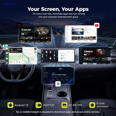 LAMTTO 11" AI Wireless CarPlay Screen with Google Play & Android 15 | Car Play & Android Auto with Gemini AI,Split-Screen,Backup Camera,GPS,60fps,AirPlay,OTA — For Trips,Commutes,Family Travel in Saudi Arabia