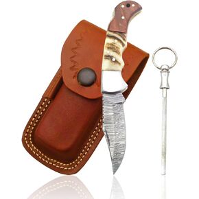 Damascus Pocket Knife for Men - 6.8 Inches Deer Antler Knife - Pocket Knives & Folding Knives with Sheath & Back Lock - Stag Handle Knife with Sharpener - Folding Pocket knife for Camping & Hiking in Kuwait