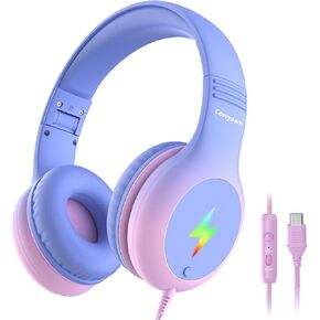 Cowyawn USB Type C Kid Headphones, Kid Wired Headphones with Mic/LED Lights | 85/94dB Volume Limit, Stereo Sound, Foldable Over Ear USB-C Headphones for Kids/Boys/Girls/School/Travel/Tablet/iPad, Pink in Saudi Arabia