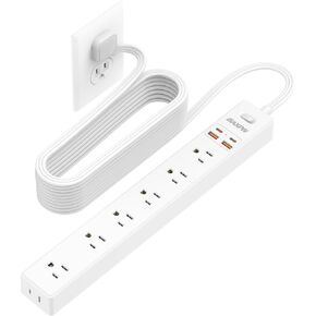 10Ft Power Strip Surge Protector,Flat Extension Cord,7 AC Outlets 4 USB(2C) | 1700J, 0.33in Ultra Thin Flat Plug, 1.9in Wide Spaced Outlet, Wall Mount, 1875W, Charging Station for Home Office Dorm, White in Saudi Arabia