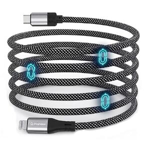 5FT Coiled Magnetic USB C to Lightning Cable, Self Winding Charger | Silver-Black Braided Type C to Lightning Charging Cord Anti Tangling for Car Desk Bed Compatible with iPhone 14 13 12 11 in Saudi Arabia