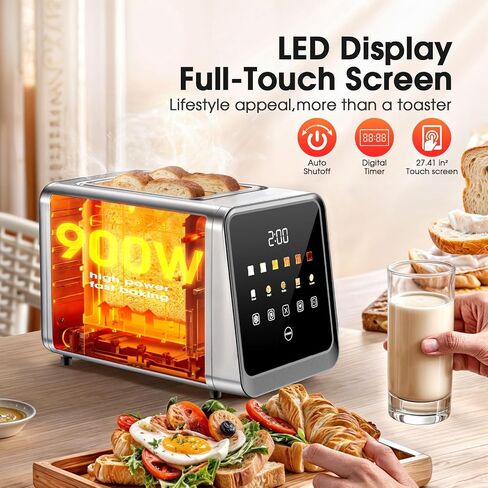 Smart Toaster 2 Slice with Touchscreen, 900W Stainless Steel Wide Slot 1.5 Inch, BreadID Tech Live Countdown Timer, Memory Function, Defrost Reheat for Bagel Waffle Bread, Kitchen Essentials in Saudi Arabia