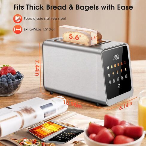 Smart Toaster 2 Slice with Touchscreen, 900W Stainless Steel Wide Slot 1.5 Inch, BreadID Tech Live Countdown Timer, Memory Function, Defrost Reheat for Bagel Waffle Bread, Kitchen Essentials in Saudi Arabia